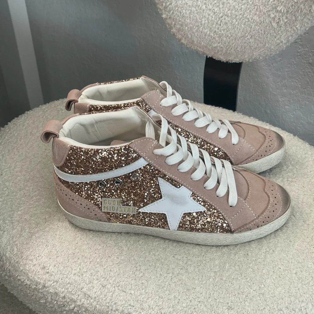 Golden Goose Mid Star Pink Rose Gold Glitter Sneakers - Picture 1 of 8